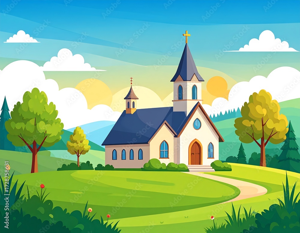 Naklejka premium Church nestled in a valley landscape at sunrise