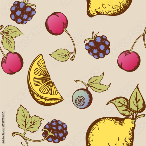 A repeating pattern of colorful fruits and berries on a beige background