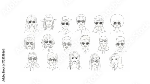 Collection of sketched portraits of diverse individuals wearing sunglasses and various headwear styles shown
