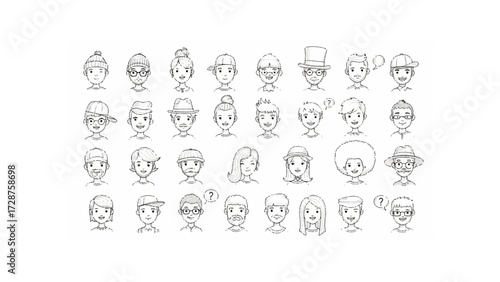 Collection of hand drawn cartoon faces with various hairstyles and headwear in monochrome sketch style art