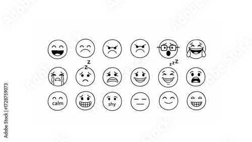 Collection of twenty simple line drawing style emoji faces showing a variety of different emotions and expressions