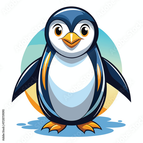 Cute Cartoon Penguin Standing on Ice with Colorful Background animal bird