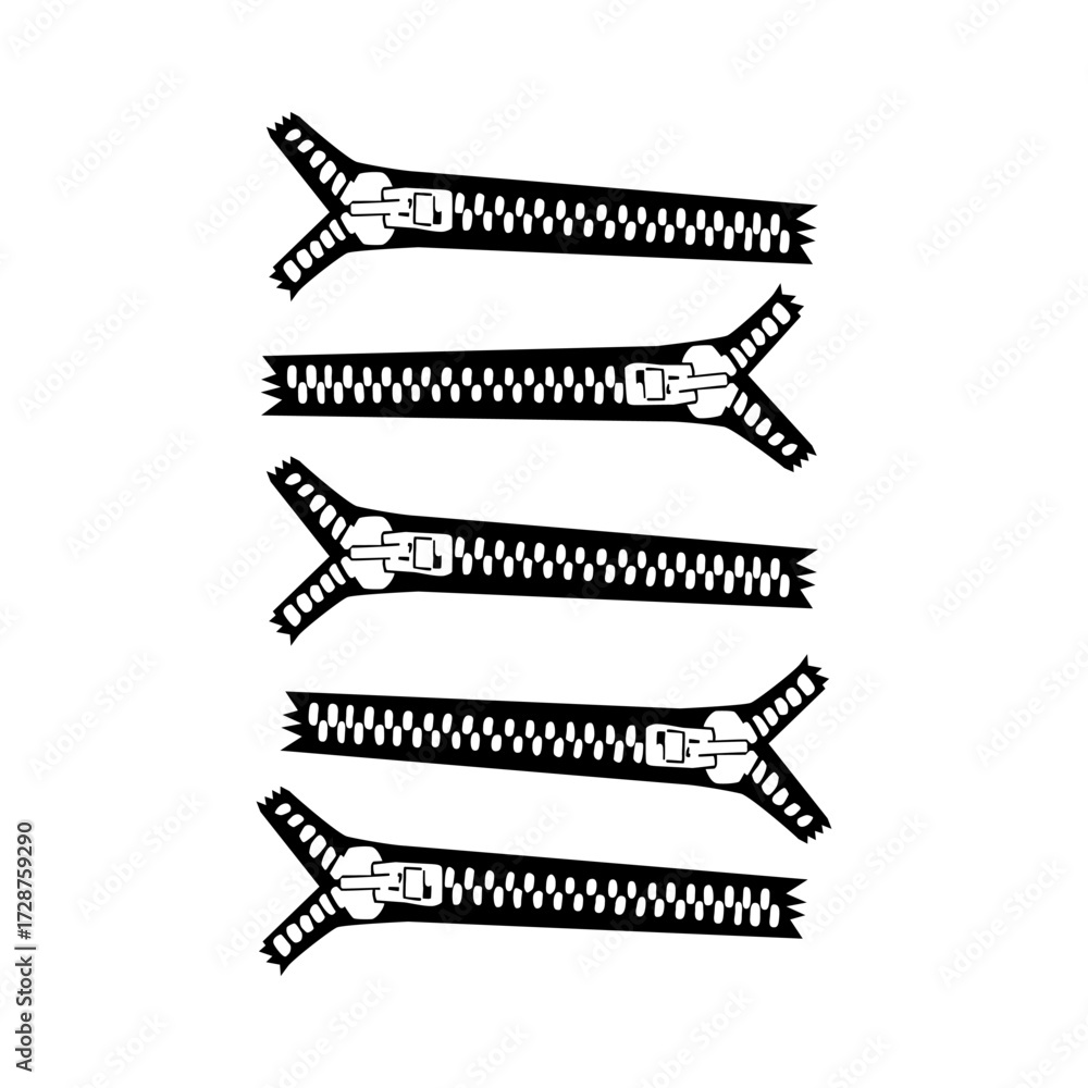 Obraz premium Black and white vector illustration of zipper in multiple positions. Simple design. Suitable for fashion, clothing, graphic design or as a decorative icon in your design.