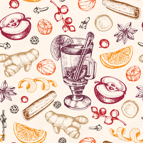 A repeating pattern of handdrawn mulled wine ingredients and a glass of mulled wine