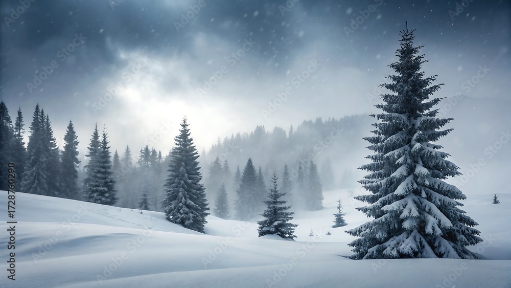 Obraz premium Snowy pine tree forest landscape with fog and dramatic cloudy winter sky 
