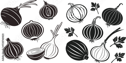 Black Line Onion Icons Set including Flat Vegetable Food Kitchen and Cooking Symbol Collection with Minimal Onion Icon Group for UI Web Grocery Healthy Diet Farm and Culinary Design Projects