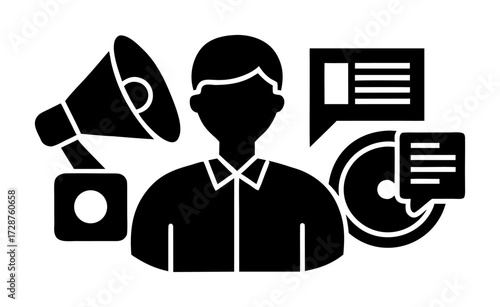 Vector art of silhouette of a person with a megaphone, speech bubble, and a cd, representing communication, marketing, and media