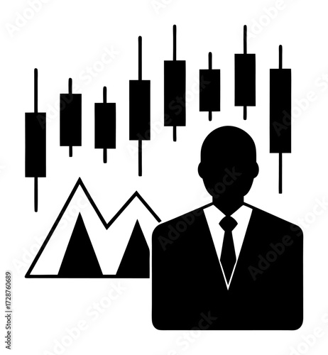 Vector art of businessman standing in front of a stock market graph with candlestick charts, symbolizing financial trading and investment analysis
