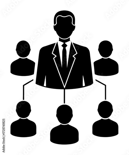Vector art of black and icon representing a business hierarchy or team structure, with a leader figure at the top and subordinates below, symbolizing management and organization