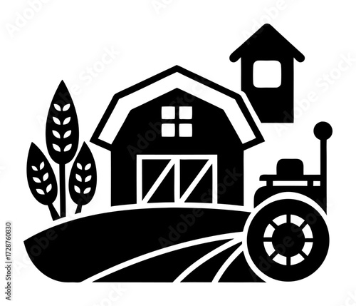 Vector art of stylized farm scene with a barn, a tractor, and crops, representing agriculture and rural life