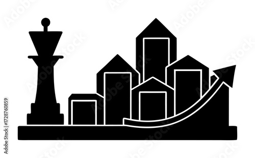 Vector art of silhouette of a chess king piece standing next to a bar graph representing business growth and success