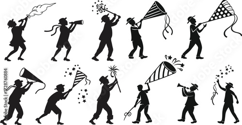 Black Line Party Popper Icons Set including Flat Celebration Confetti Festival and Event Symbol Collection with Minimal Popper Icon Group for UI Web Holiday Fun Birthday and New Year Design Projects