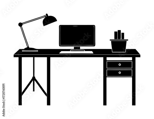 Vector art of silhouette of a desk with a computer, lamp, and drawers