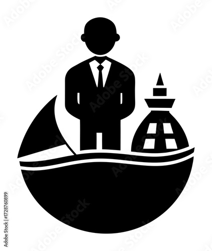 Vector art of silhouette of a businessman standing in a circle with a boat and a building