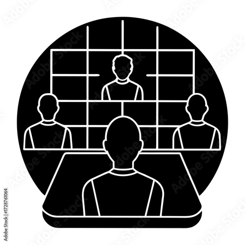 Vector art of silhouette of a group of people in a meeting room, viewed from behind a person sitting at a table, with a grid pattern in the suggesting a screen or windows