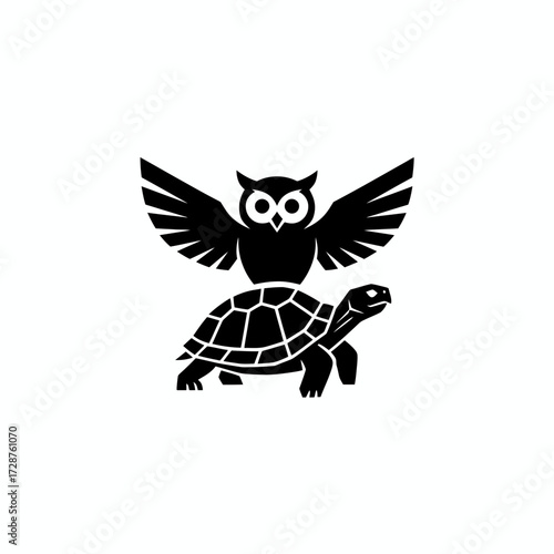 Vector graphic of an owl in flight perched above a tortoise illustration for digital and print applications vector