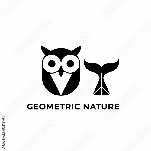 Geometric nature logo design owl and whale tail vector illustration scalable icon art vector