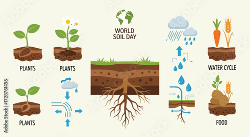Flat vector educational design showing soil importance for plants, water cycle, and food, World Soil Day theme, infographic style with simple clean icons