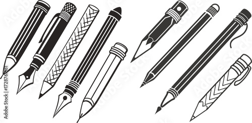 Black Line Pencils Icons Set including Flat Writing Drawing School and Stationery Symbol Collection with Minimal Pencil Icon Group for UI Web Office Art Education and Creative Design Projects