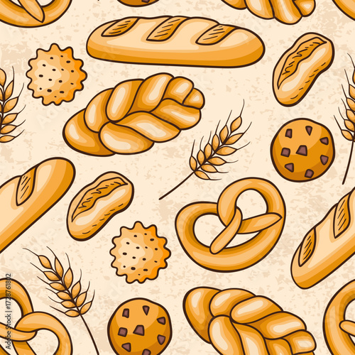 A seamless pattern of baked goods and wheat stalks