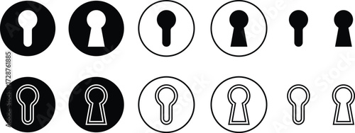 Keyhole icon set collection group in black color, flat and line style, security symbol, privacy element, lock hole silhouette, door access illustration bundle vector design
