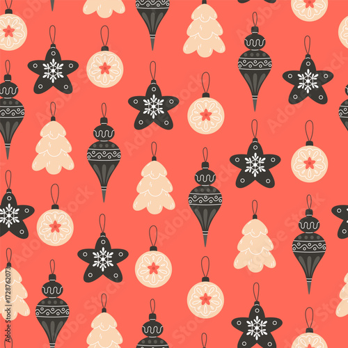 A seamless pattern of Christmas ornaments on a red background