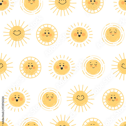 A seamless pattern of cute cartoon suns with various facial expressions