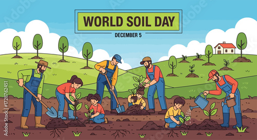 Flat vector poster showing farmers and children planting trees in fertile soil, celebrating World Soil Day, eco-friendly theme, bright and cheerful colors