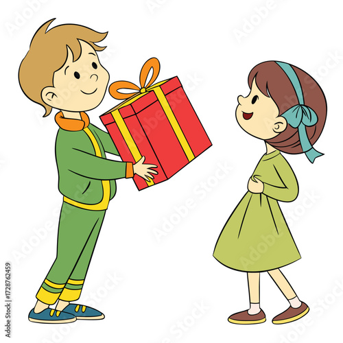 Boy giving a red gift box with yellow ribbon to a girl in a green dress Keywords: gift, present, giving, receiving, boy, girl, child
