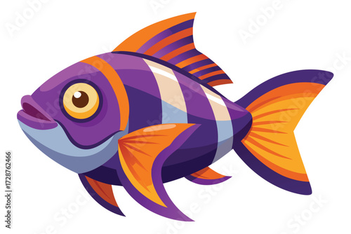 Colorful cartoon fish with purple and orange stripes swimming Keywords: fish, sea, ocean, underwater, marine life, animal, creature