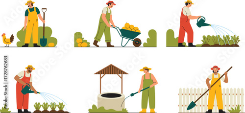 Gardening activity scenes, farming tools, watering plants, harvesting produce, rural lifestyle, eco-friendly habits, outdoor work, cartoon illustration, agriculture concept