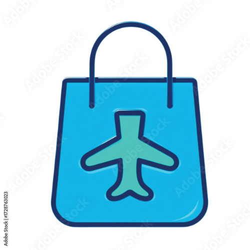 A vibrant blue shopping bag featuring a light blue airplane icon with dark blue outlines, symbolizing travel retail, duty-free shopping, or airport commerce.