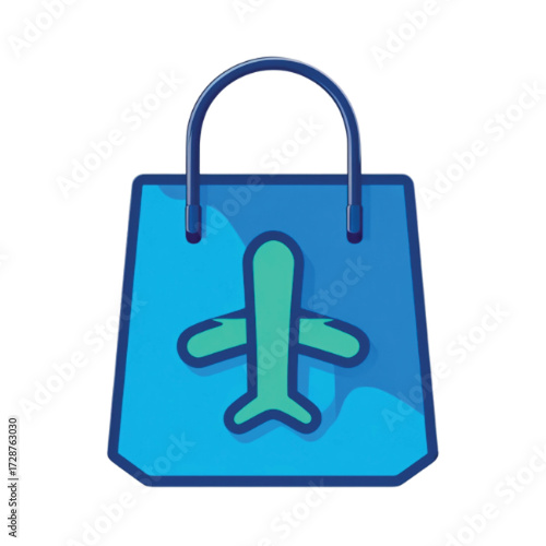Blue shopping bag with airplane icon for travel or tourism.