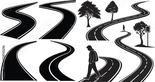 Black Line Roads Icons Set including Flat Street Highway Transport and Travel Symbol Collection with Minimal Road Icon Group for UI Web Navigation Traffic Map and Infrastructure Design Projects