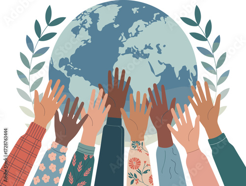Global unity, diverse hands, peace symbol, Earth illustration, cultural inclusion, teamwork, sustainability, world cooperation, flat design, foliage, planet care, environmental