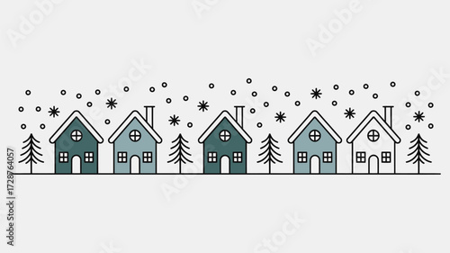 Row of cartoon houses and trees with snow falling in a simple line drawing style illustration art