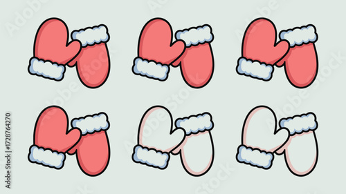 A pattern of winter mittens in shades of pink and white with fluffy trim on a light gray background