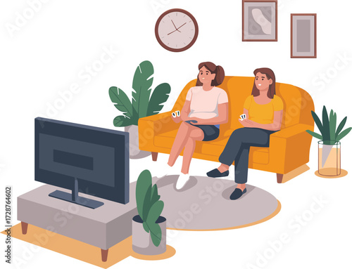Indoor living room, cozy home interior, people watching TV, orange couch, potted plants, modern decor, tea time, framed wall art