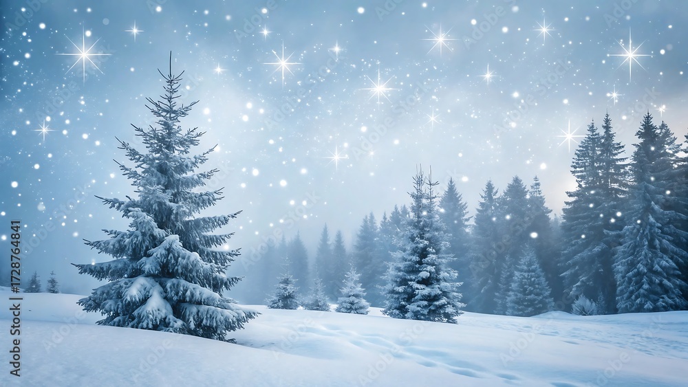 Fototapeta premium Snow covered pine trees in winter forest with magical starry night sky and falling snow 