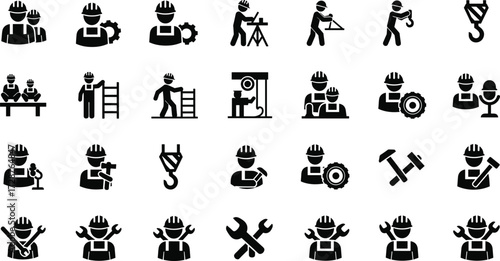 Black Construction and Engineering Icons Set Featuring Workers, Tools, Safety Gear, Industrial Equipment, Collaboration, Manual Labor, and Technical Professions