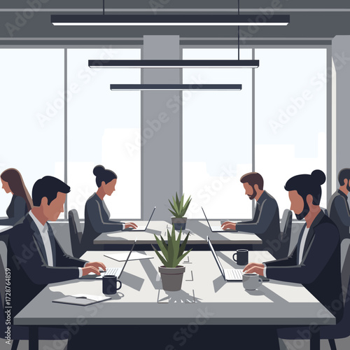 Modern Open-Plan Office Environment with Employees Working on Laptops