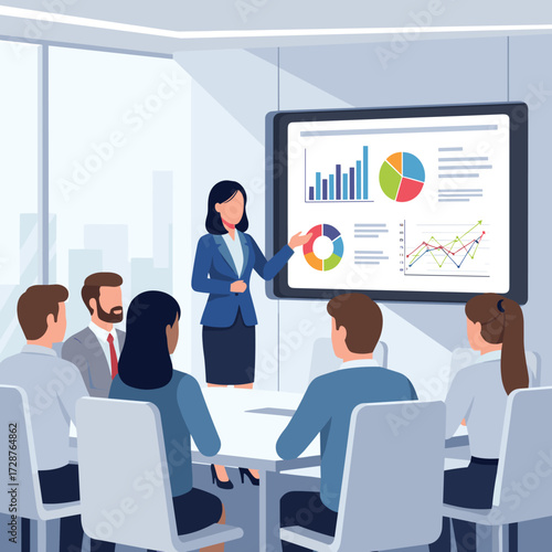 Business meeting with presentation of charts and graphs on a large screen by a female presenter to a group of attentive professionals
