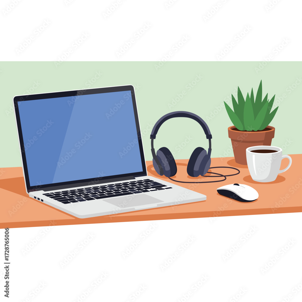 Fototapeta premium Workstation Illustration Laptop, Headphones, and Coffee Cup on a Desk