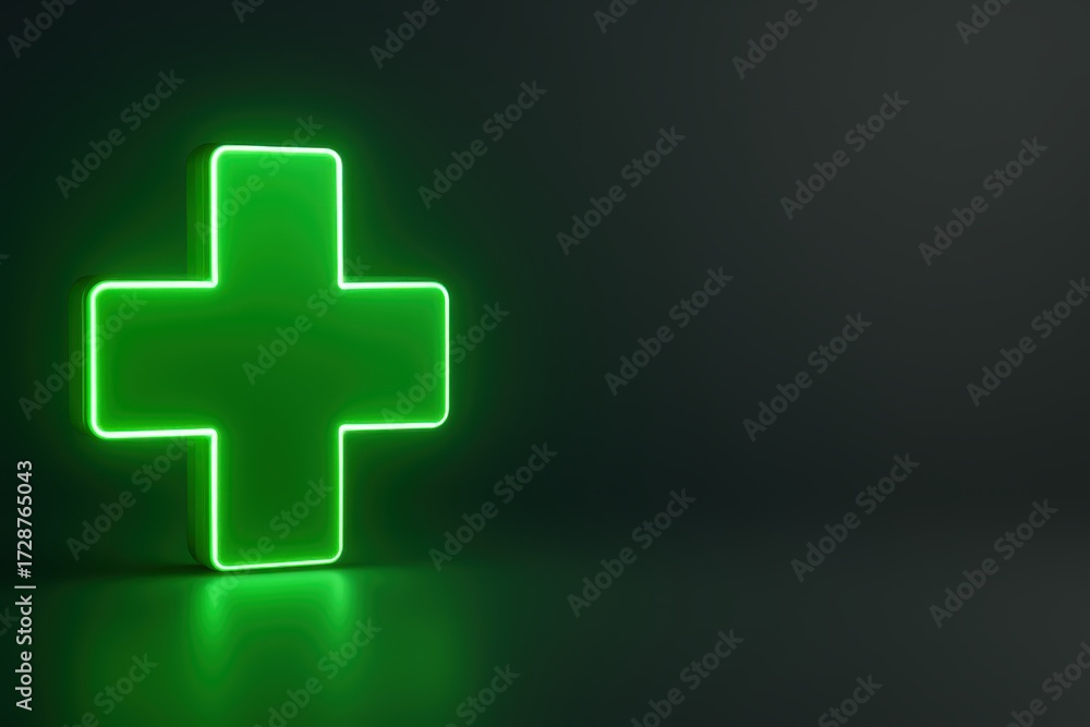 Obraz premium Green Neon Cross Sign Illuminating Dark Background for Medical and Health Themes