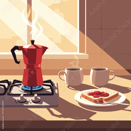 Morning coffee brewing in a vintage stovetop moka pot with two cups and a jam sandwich on a kitchen counter bathed in sunlight