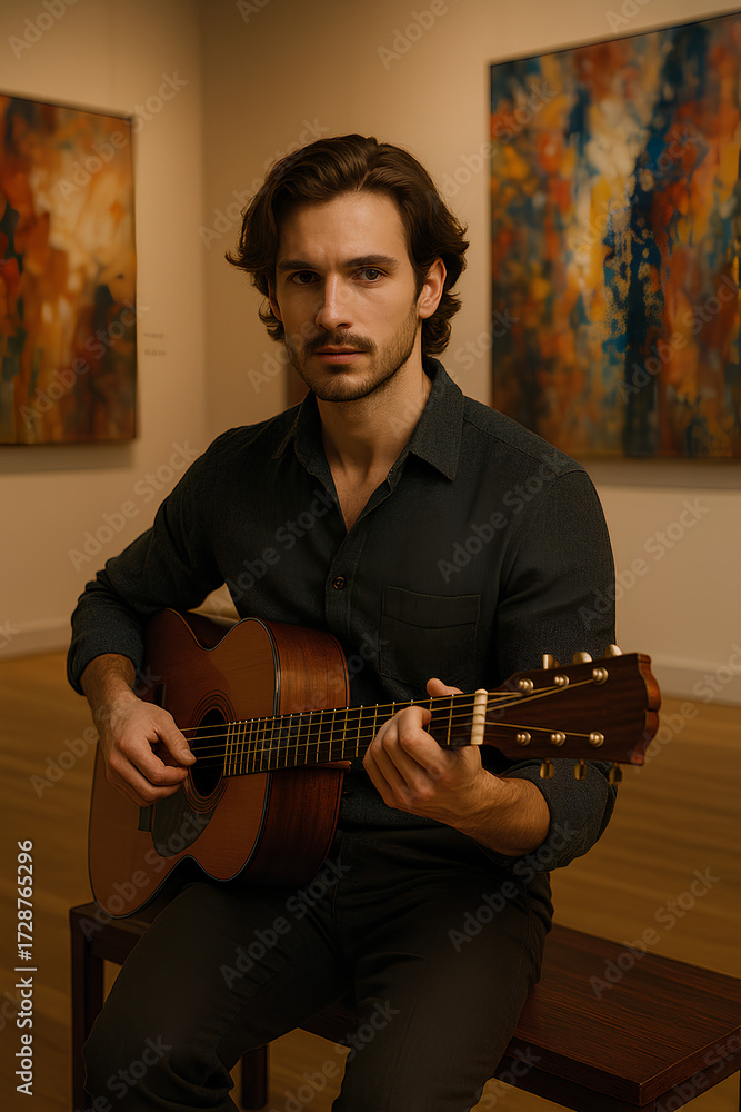 Obraz premium Calm artist playing guitar in an art gallery.
