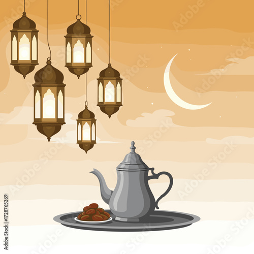 Ramadan Kareem Celebrate the Holy Month with Lanterns, Dates, and Tea in a Warm Ambiance