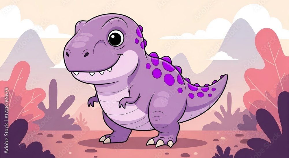 Obraz premium Cute cartoon purple tyrannosaurus rex dinosaur with purple spots, smiling and standing in a prehistoric landscape with plants and mountains