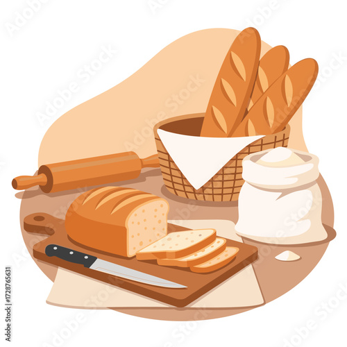 Freshly Baked Bread A Loaf, Baguettes, and Flour Ready for a Delightful Baking Experience