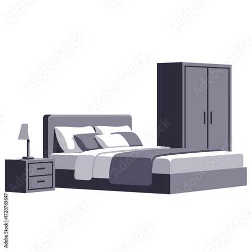 Clean and modern bedroom interior with essential furniture elements in a stylish, minimalist flat design illustration, perfect for home decor concepts